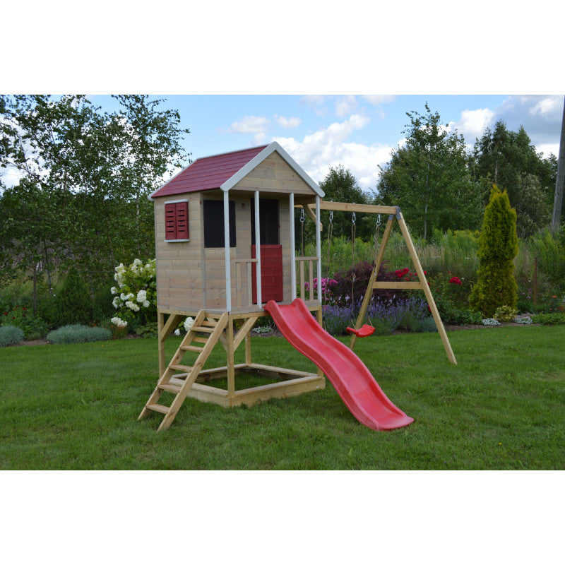 Casuta de gradina Summer Adventure House cu platforma cu loc pentru nisip, tobogan si leagan dublu (M29R), Wendi Toys